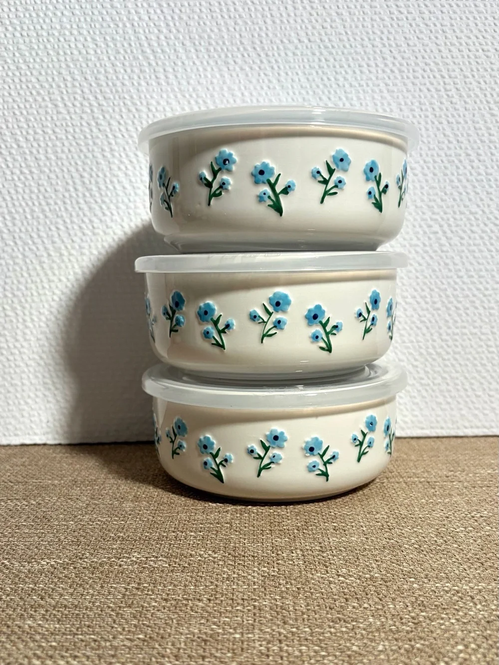 Ceramic Bowl with Venting Lid - Blue & Navy Floral Motif Textured Flower Design